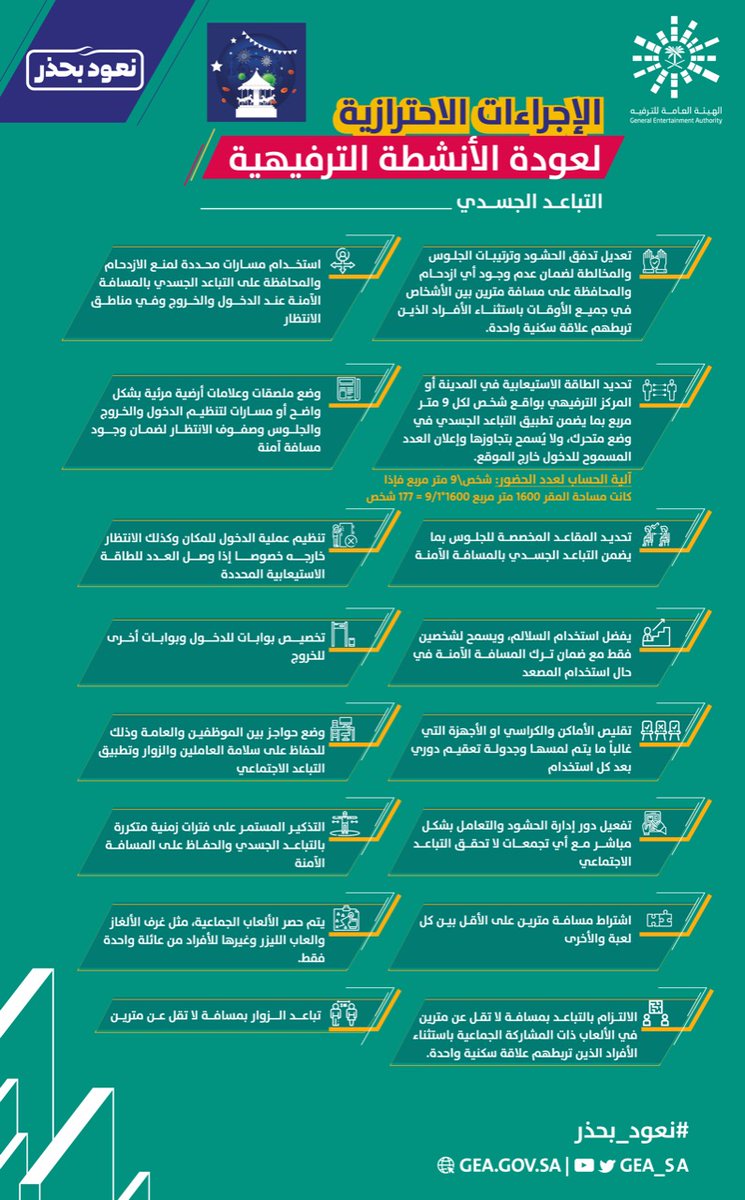 GEA_SA's tweet photo. يجب على مُلّاك مدن الملاهي والمراكز الترفيهية؛ الحرص على الاهتمام بنظافتها وتعقيمها، وتطبيق كافة الإجراءات الاحترازية اللي تضمن للزوّار قضاء أجمل الأوقات بأمن وسلامة 😍💙👍🏼
#نعود_بحذر 🌟
#عودة_الأنشطة_الترفيهيه https://t.co/1hcr1Yq9gX