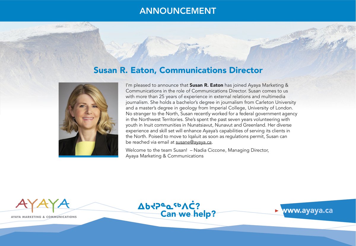 SusanREaton_Geo's tweet photo. A new look! A new website! And, a new Communications Director at Ayaya Marketing &amp; Communications in Iqaluit, #Nunavut! I'm delighted to join #Ayaya and will be moving to Iqaluit later this summer #inuitowned #arctic #marketing #advertising #communications https://t.co/w1I5QaoyVl https://t.co/zp9T3hycBa