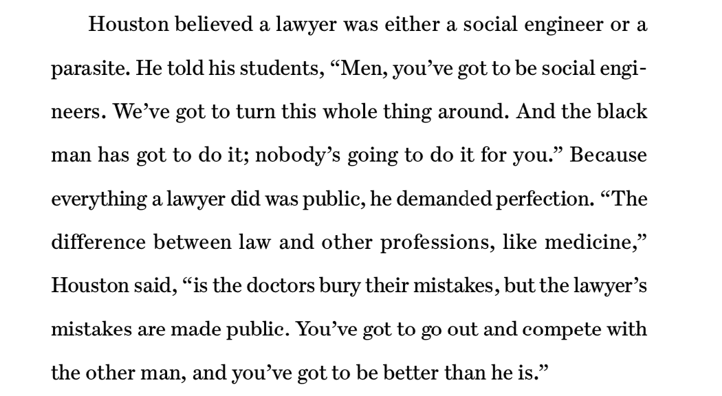 3/ Burning inside Houston was pent-up rage at Jim Crow and the injustices suffered by African Americans. He trained his students to become social engineers Marshall graduated at the top of his law school class and became a civil rights lawyer—a social engineer.