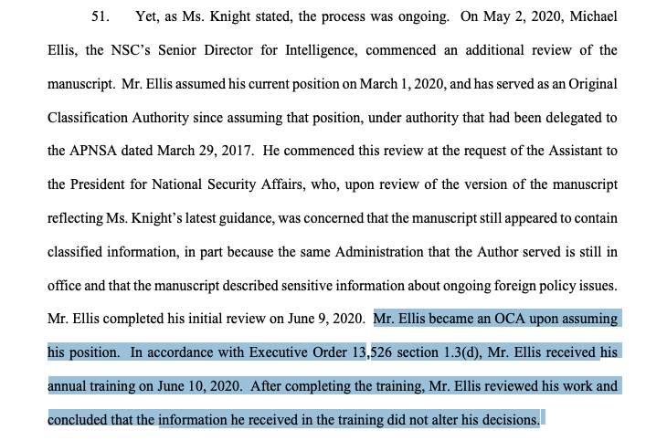 JUST IN: In new filing this AM, DOJ reveals ELLIS wasn't trained in classification process while he was reading Bolton's book.Got his training *the day after he finished* "and concluded that the information he received in the training did not alter his decisions."