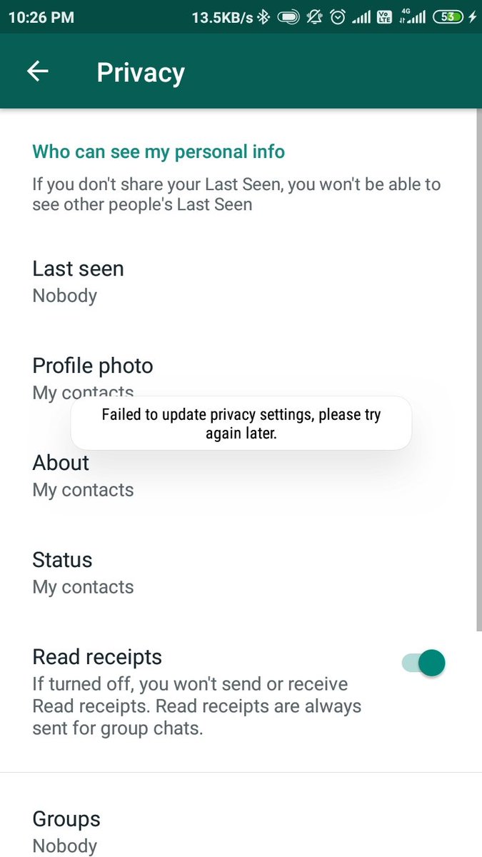 nehajella's tweet photo. Anyone having issue with WhatsApp privacy settings? @WhatsApp #WhatsApp #WhatsAppissue https://t.co/NQKAfxaB1t
