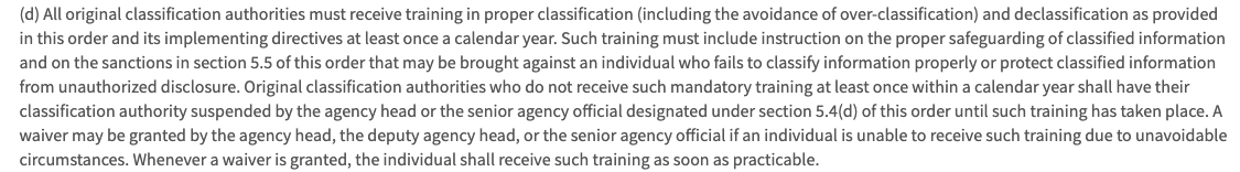 It was Ellis who was tasked by the National Security Adviser O'Brien with rereading Bolton's book for classified info. Training is meant to ensure proper handling classified info and prevent overclassification, per executive order. https://www.archives.gov/isoo/policy-documents/cnsi-eo.html
