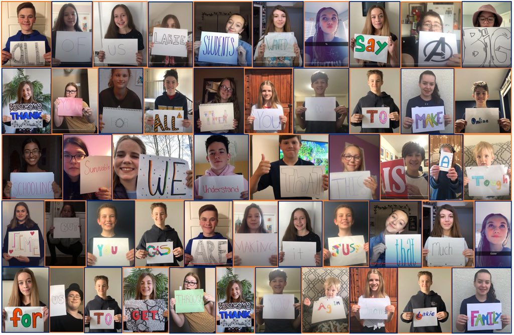 gslakie's tweet photo. These Lakie students took it upon themselves to create this heartwarming message for the staff of G.S. Lakie.  They made it into a YouTube video and sent our staff the link.  Check it out... it truely “Made Our Day”.  https://t.co/zs3997Xgus      #FISHphilosophy #YQL #LethSD51 https://t.co/TDbREFDO7j
