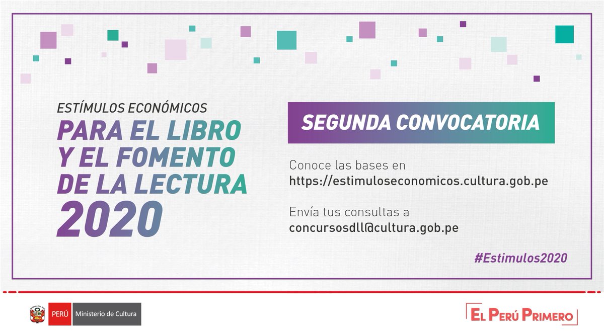 📚Ya se encuentran disponibles las bases de la segunda convocatoria de los #EstímulosEconómicos para el Libro y el Fomento de la Lectura 2020.

📃 Descarga las bases: bit.ly/3hHZQdR
💻 Postula en línea: plataformamincu.cultura.gob.pe/administrados
📩 Consultas: concursosdll@cultura.gob.pe