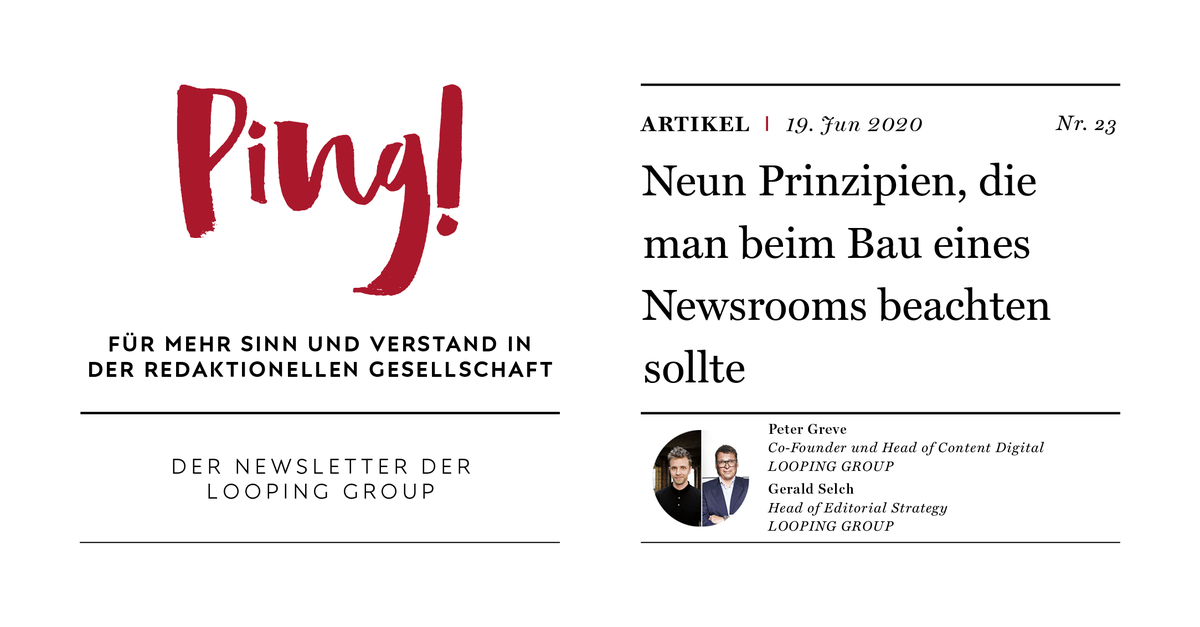 Erst waren es #Nachrichtenredaktionen, dann #Konzerne, die sich mit einem #Newsroom moderne #Kommunikationsstrukturen verordnet haben. 
In Ping! stellen @peter_greve &amp; Gerald Selch 9 Prinzipien vor, die wichtig für den Bau eines Newsrooms sind.
Abo unter: looping.group/#newsletterMod…