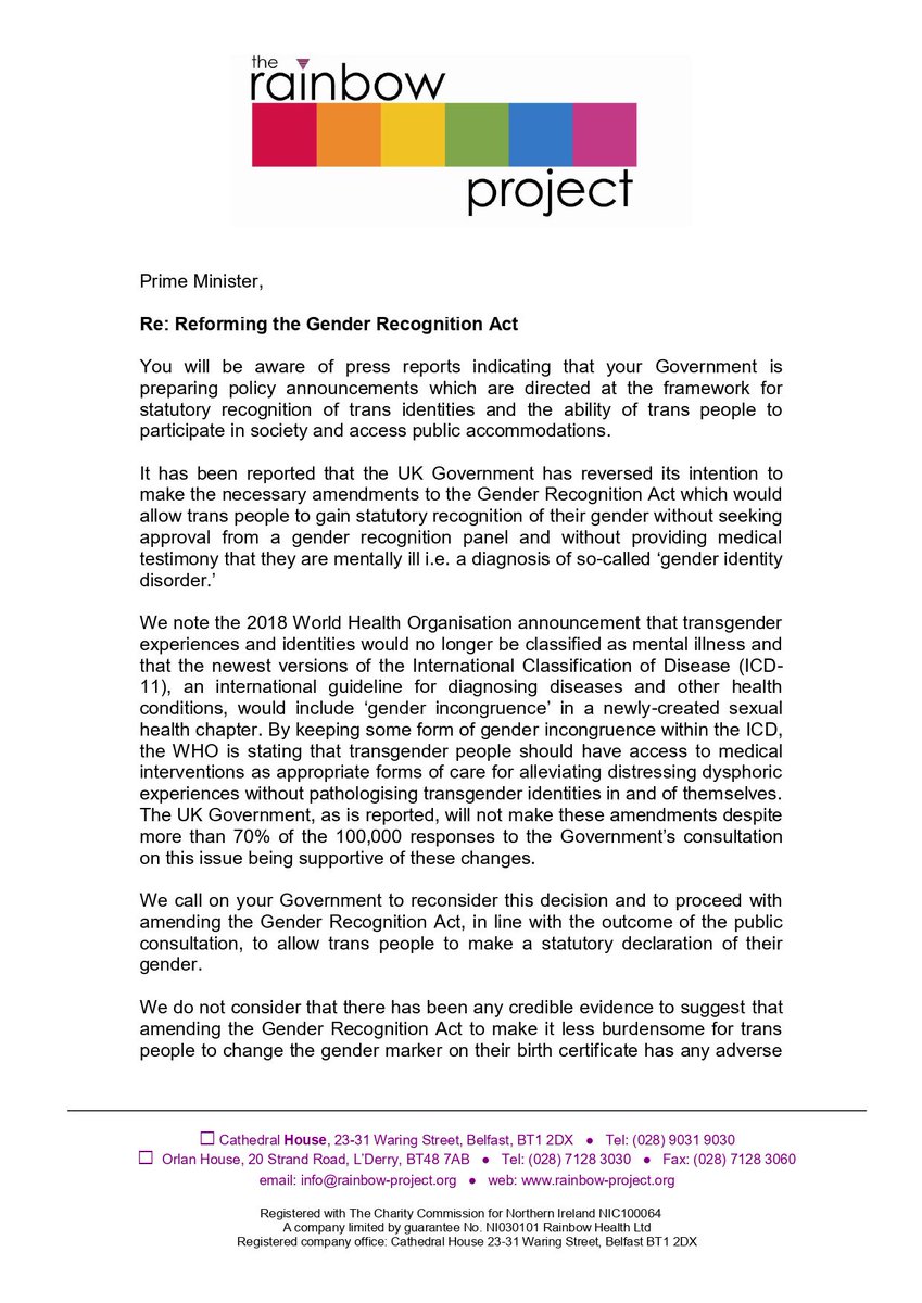 Our letter to  @10DowningStreet  @BorisJohnson outlining our opposition to any move to rolling back trans rights in the UK and urging the govt to follow its own consultation results and reform the Gender Recognition Act.