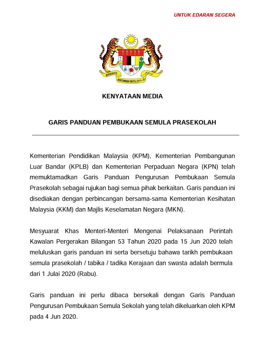 KemPendidikan's tweet photo. KENYATAAN MEDIA
GARIS PANDUAN PEMBUKAAN SEMULA PRASEKOLAH

MUAT TURUN DI PAUTAN BERIKUT

https://t.co/IX5PRwlLqx

DAN

https://t.co/ViiVBdTgvU https://t.co/T4UVPkAQdg