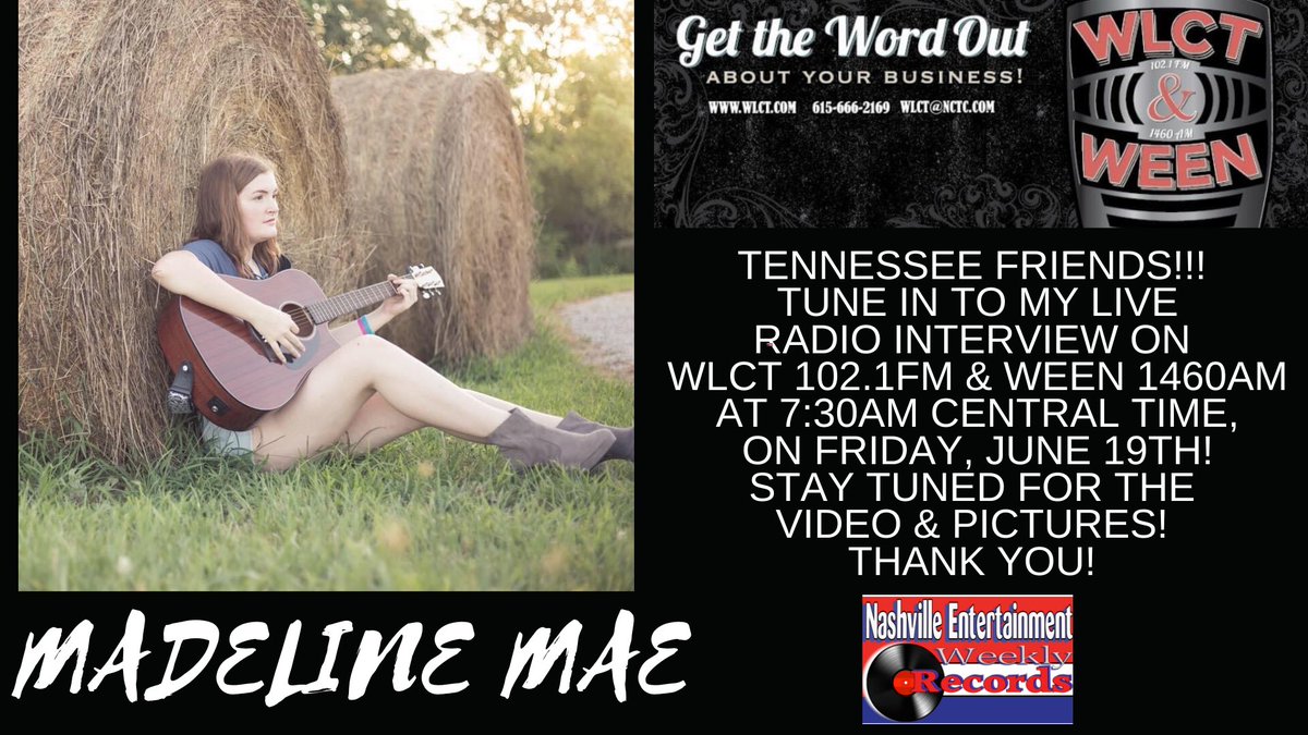 #Tennessee Friends!!! Tune in to our #RecordingArtists <a href="/madelinemmusic/">Madeline Mae</a> Live On Air #Radio #Interview on WLCT - WEEN Radio 102.1FM &amp; 1460AM on Friday, June 19th at 7:30am Central Time in Tennessee! Thank you! 🌟🎤🎶 MadelineMaeMusic.com

#Nashville #RecordLabel <a href="/NEWRMusic/">NEWRMusic</a>