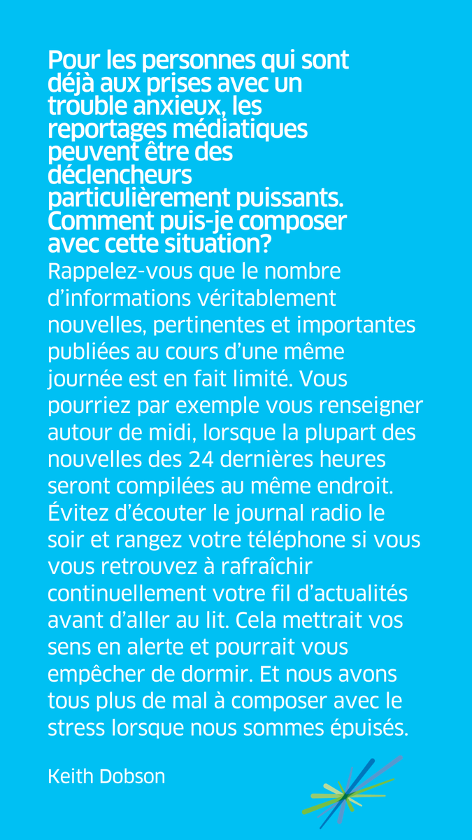 CSMC_MHCC's tweet photo. « Pour les personnes qui sont déjà aux prises avec un trouble anxieux, les reportages médiatiques peuvent être des déclencheurs particulièrement puissants. Comment puis-je composer avec cette situation? » Nous avons demandé Dr Keith Dobson @UCalgary https://t.co/liUUKIixG1
