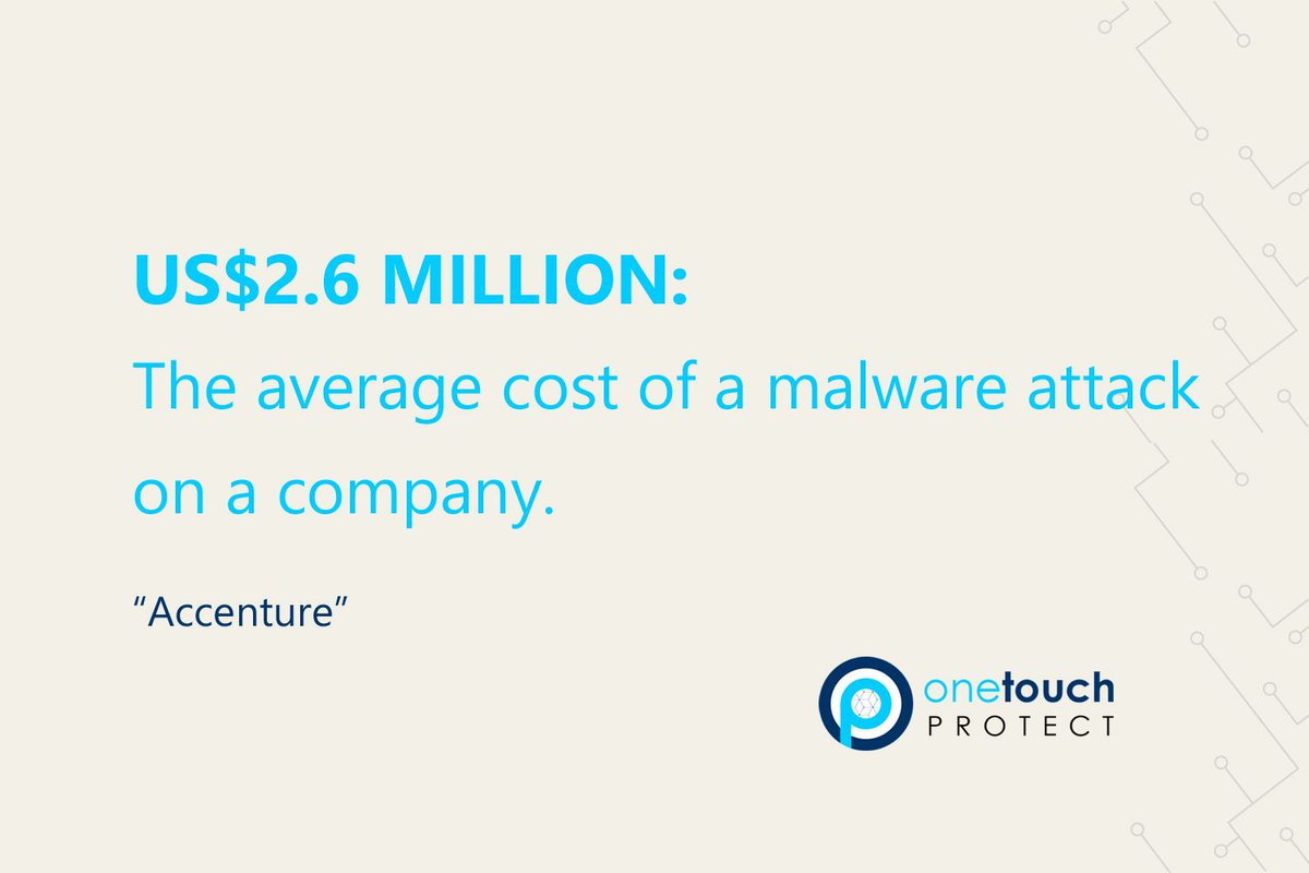 onetouchprotect's tweet photo. The average cost of a #malware attack on a company is US$2.6 million.
How individuals and companies protect, prevent and prepare will potentially save $millions. Are you #cyberaware? 
#cybersecurity #cybercrime #passwordsecurity https://t.co/UVR54J8eCy
