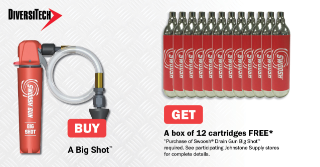 Buy a Big Shot™ and get a box of 12 cartridges FREE* Purchase of Swoosh® Drain Gun Big Shot™ required 12PK CO2 Cartridges. #JohnstoneHVAC #johnstonesupply #easy4thecontractor bit.ly/3diC6tf