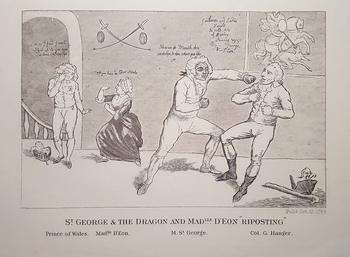 ah and here's another cartoon of the two of them, along with the prince of wales, fighting col. g. hanger, a proponent of the slave trade. you can see a st. george and the dragon painting behind them, representing the slave trade