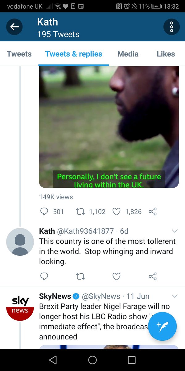 Everyday Racists *14.Kath has some simple advice for young black men talking about their experiences of discrimination. 'Stop whinging'. Oh, and in the tweet below, she bemoans Farage's demise; he, of course, embodies our. 'tollerent' nation.