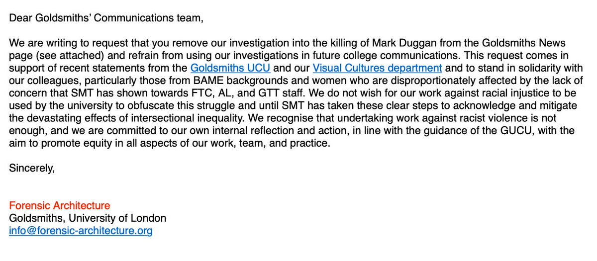 Forensic Architecture (@forensicarchi) on Twitter photo Open letter <a href="/GoldsmithsUoL/">Goldsmiths, University of London</a> Communications team, in solidarity with our colleagues <a href="/CleanersFor/">Träger Warning 🇵🇸🇸🇩 ☭</a> <a href="/GoldsmithsUCU/">Goldsmiths UCU</a> <a href="/GoldAntiRacism/">GOLDSMITHS ANTI RACIST ACTION ✊🏿✊🏾✊🏽</a>. Until clear demands are met by SMT <a href="/FCorner/">Frances Corner</a>, we do not want our work used to obfuscate this struggle & the devastating effects of inequality #saveourjobs Open letter <a href="/GoldsmithsUoL/">Goldsmiths, University of London</a> Communications team, in solidarity with our colleagues <a href="/CleanersFor/">Träger Warning 🇵🇸🇸🇩 ☭</a> <a href="/GoldsmithsUCU/">Goldsmiths UCU</a> <a href="/GoldAntiRacism/">GOLDSMITHS ANTI RACIST ACTION ✊🏿✊🏾✊🏽</a>. Until clear demands are met by SMT <a href="/FCorner/">Frances Corner</a>, we do not want our work used to obfuscate this struggle & the devastating effects of inequality #saveourjobs