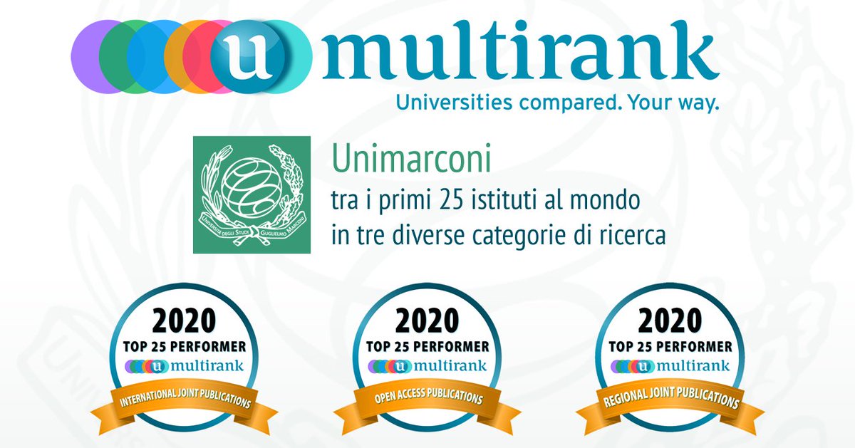 Uni_Marconi's tweet photo. Siamo fieri di comunicarvi che nell'ambito della classifica U-Multirank 2020 l'Unimarconi si è classificata tra i primi 25 Istituti al mondo in 3 diverse categorie di ricerca.
 
https://t.co/1h8oV9J3SJ

#umultirank #unimarconi #ricerca #research #university #universita https://t.co/v0yAtbP5E7