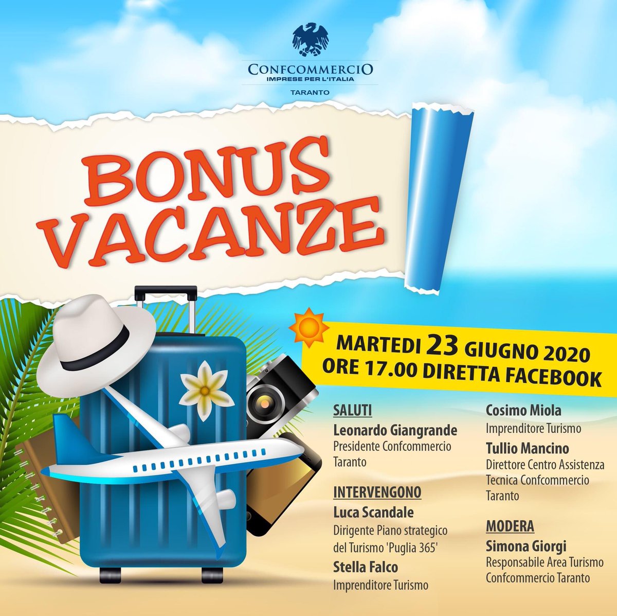 ConfcommercioTa's tweet photo. BONUS VACANZE - Martedì 23 giugno 2020 ore 17 diretta streaming sulla nostra pagina di Facebook https://t.co/YN3lA48Mfw