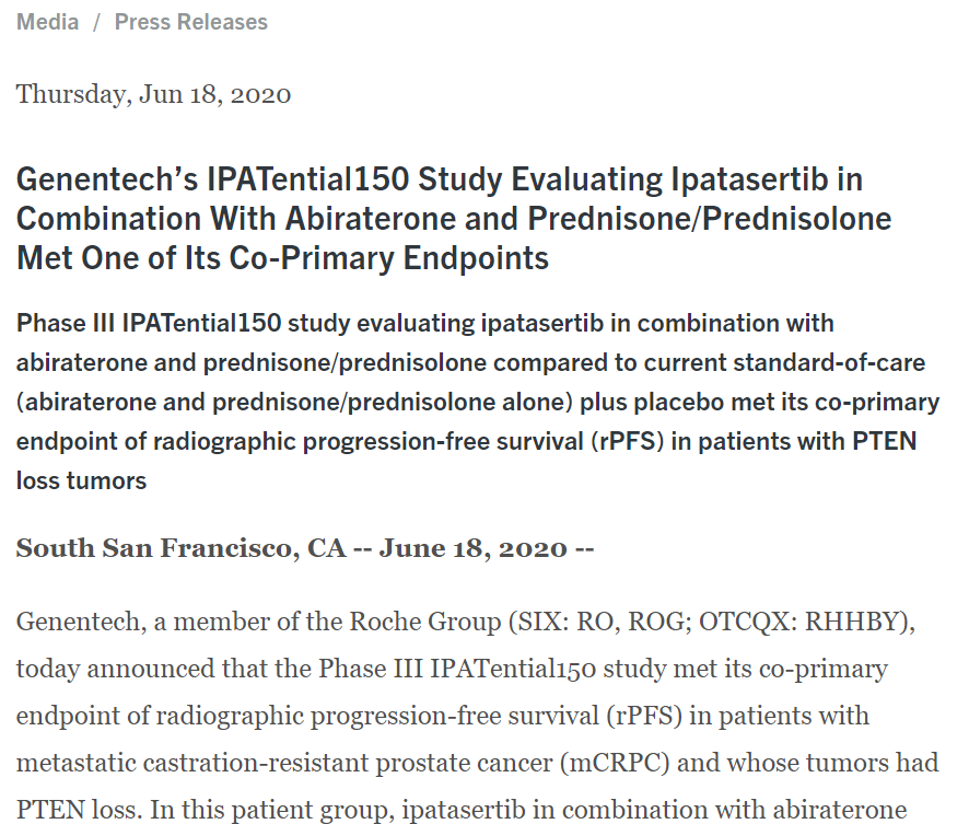 neerajaiims's tweet photo. Press release: PI3-AKT inhibitor (Ipatasertib) shows success in phase 3 registration trial in mCRPC #ProstateCancer : improved rPFS in pts with PTEN deficient tumor but not in all pts. OS not available yet. I am cautiously optimistic here. @cdanicas Here is the trial design👇 https://t.co/5CYuQ3fkBa