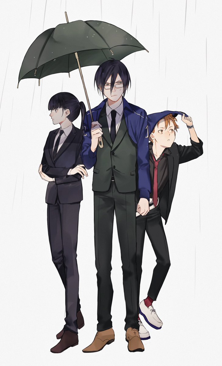 multiple boys necktie umbrella black necktie black hair glasses 1girl  illustration images