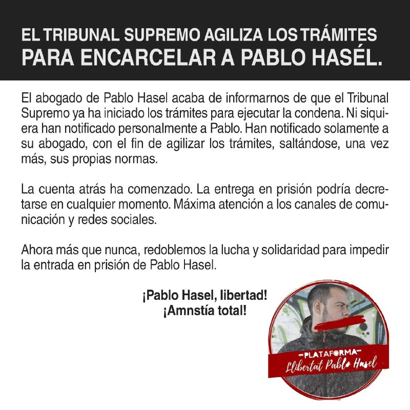 Quieren encerrar a <a href="/PabloHasel/">Pablo Hasel</a> cuanto antes, incluso saltándose sus propios procedimientos.

Podrían llevarle a prisión en cualquier momento. Pedimos atención y difusión máximas.

¡Pablo Hasel libertad!