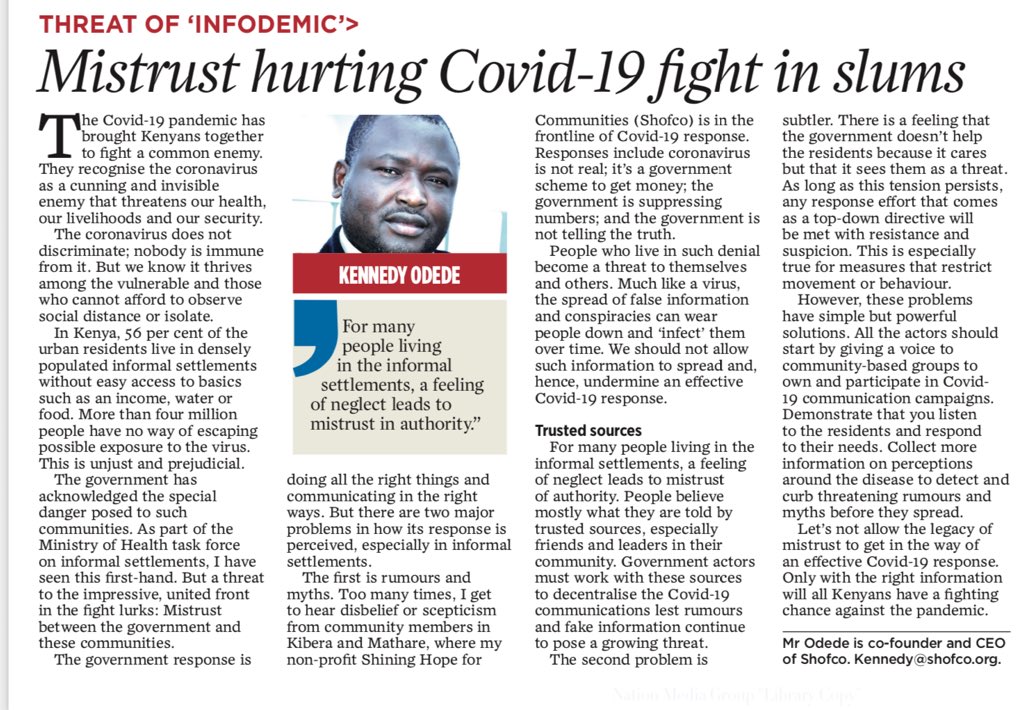 KennedyOdede's tweet photo. Let’s not allow the legacy of mistrust to get in the way of an effective Covid-19 response. Mistrust hurting Covid-19 fight in slums.  All the actors should start by giving a voice to community-based groups to own and participate in Covid-19 communication campaigns.  @MOH_Kenya https://t.co/boP4nqgqPo