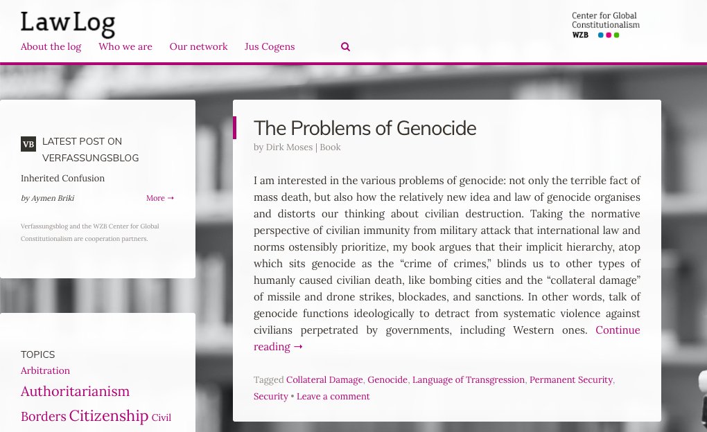 WZB_GlobCon's tweet photo. Genocide – the crime of crimes? Read @dirkmoses (@Sydney_Uni) #LawLog article on misconceived moral hierarchies of war crimes, civilian casualties and his idea of „permanent security“ 👉🏾 https://t.co/vtuACc7hhl #genocide
@WZB_Berlin https://t.co/3Zz6QIUZAl