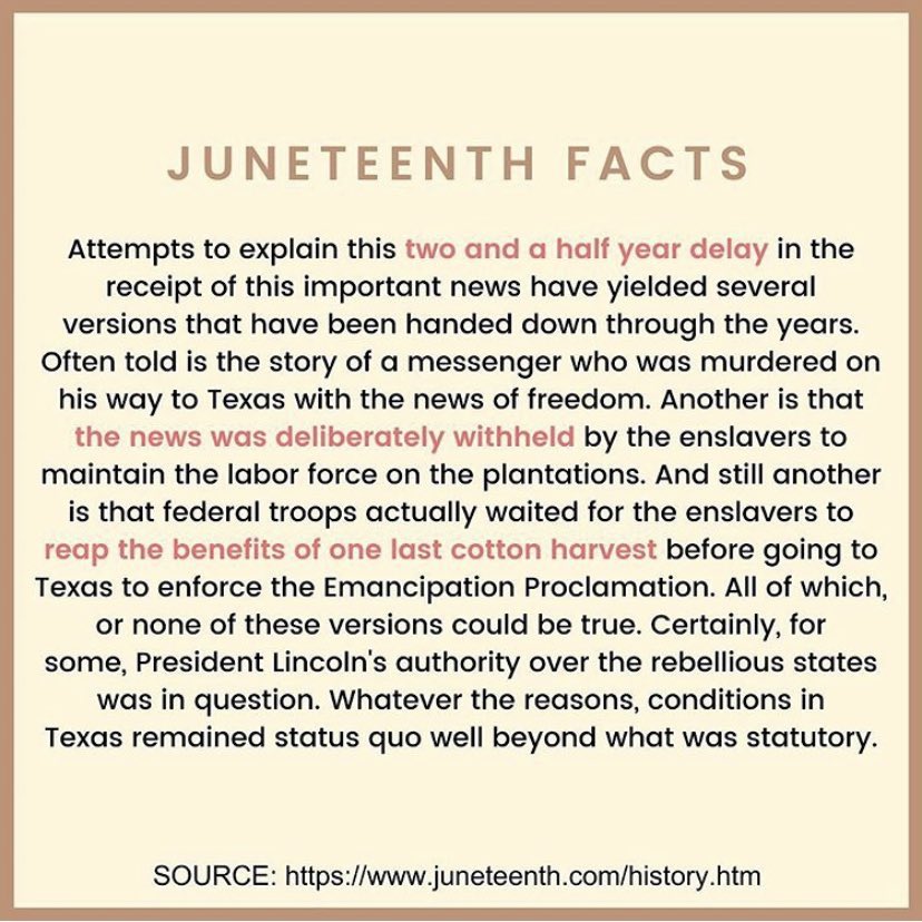 RoadrunnerRules's tweet photo. Today we celebrate JUNETEENTH. Today, 155 years ago Enslaved African Americans in Texas were notified 2 years  after the Emancipationof Proclamation was signed that they were free. From day forward, June 19 became a symbolic date representing African American Freedom https://t.co/RbAqFcBoJw