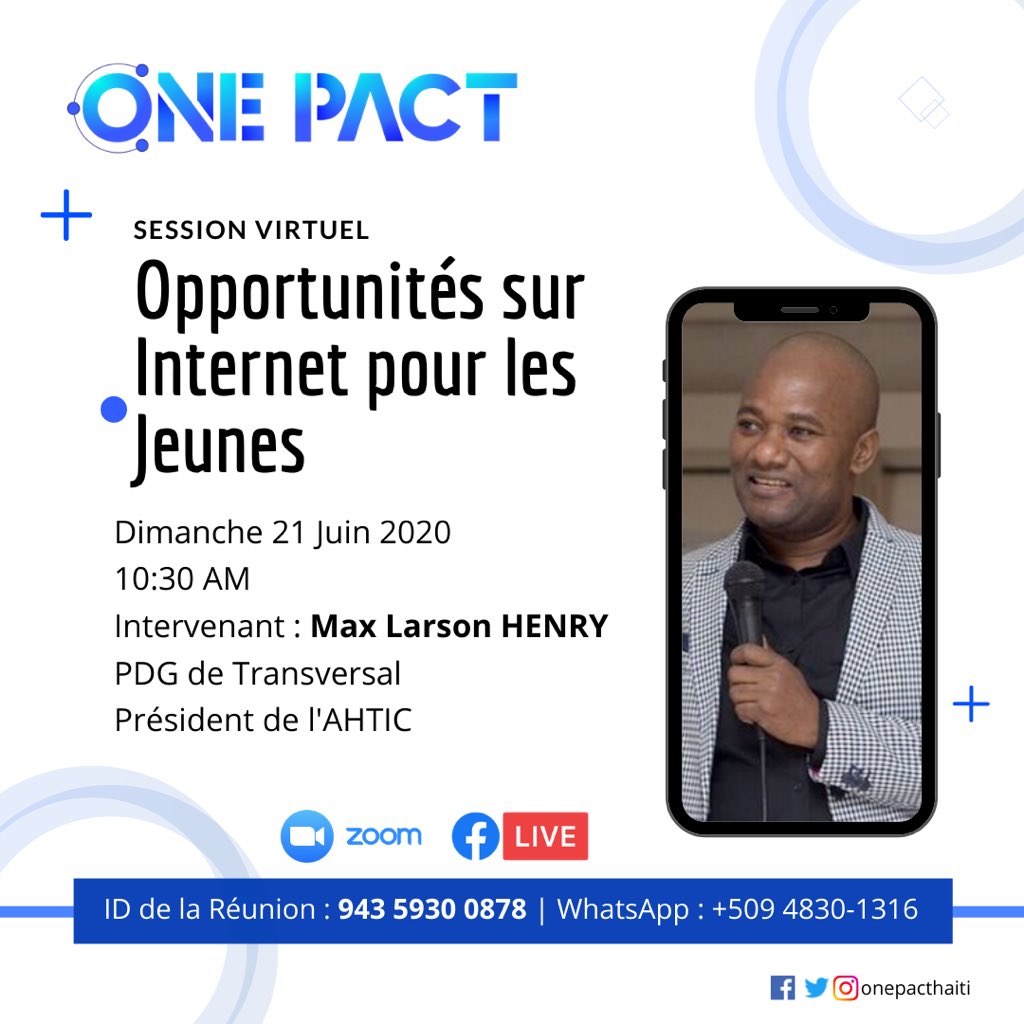onepacthaiti's tweet photo. Ne ratez pas cette occasion pour découvrir les différentes opportunités qu'offrent l'internet ainsi que leurs retombées.
🔗 Lien de la réunion : https://t.co/EFRhSacHZI
ID: 943 5930 0878
📅 Dimanche 21 Juin 2020
🕥 10:30 AM
#ahtic #transversal #covid19 #isocht #onepacthaiti https://t.co/FVnSXtnsv3