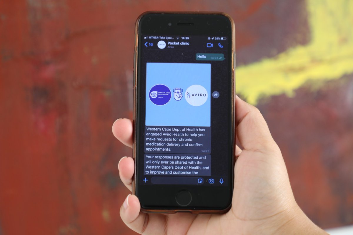 AviroHealth's tweet photo. We are excited to have partnered with the Western Cape Department of Health in delivering your chronic medication amid Covid-19. Send us a message and follow the prompts #digitalhealth #healthtechnology #WCDH @HealthZA #mhealth https://t.co/HtZxEspcNb