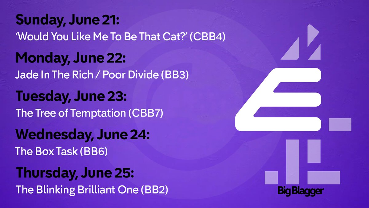 ICYMI: Here are the episodes that will be shown for the second week of Big Brother: Best Shows Ever on <a href="/E4Tweets/">E4</a>! 

Join <a href="/ThisisDavina/">Davina McCall</a> &amp; <a href="/Rylan/">R Y L A N</a> Sunday at 9pm for Rula &amp; George 'Do you want me to be the cat?' 😹

#BBUK #CBB