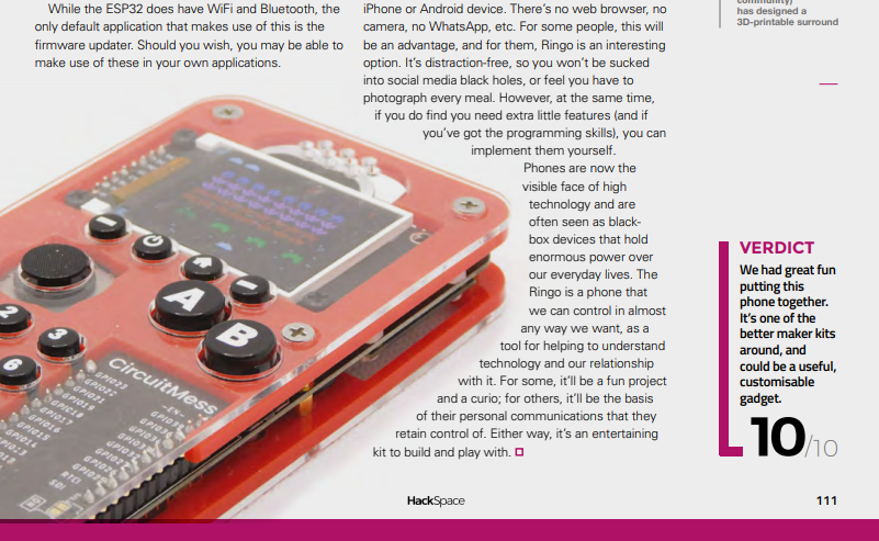 circuitmess's tweet photo. Jump to https://t.co/cZNkIxPvwo to find out why the folks from HackSpace gave a 10/10 verdict to the good old Ringo! (don't skip pages, they got some really cool stuff in the whole Issue!) https://t.co/afium2O9TI