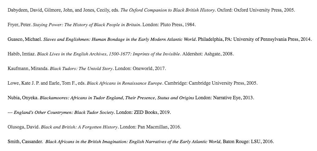 I was asked recently for a brief reading list of books on #BlackTudors, the African presence in Early Modern England &amp; its wider #BlackBritishHistory context, so I thought I'd share it here. Obviously not complete, but hopefully a useful starting point if you want to read more...