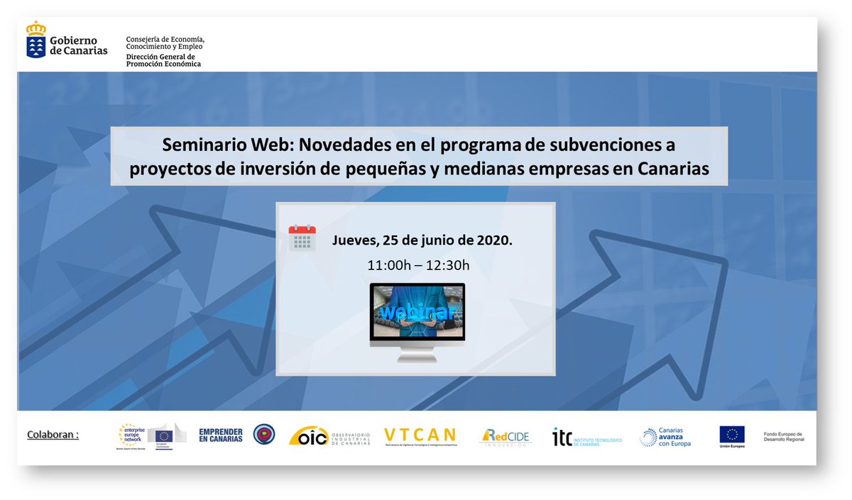 emprendecanario's tweet photo. Seminario web sobre las Novedades en el programa de #subvenciones a proyectos de inversión de #pymes en #Canarias 👇

📆25 de junio - 11:00 
📲 https://t.co/jcUKYE8SOO

Organiza: Dirección General de Promoción Económica @EcoGobCan

#InversionPYME https://t.co/PhkLxj3oYN