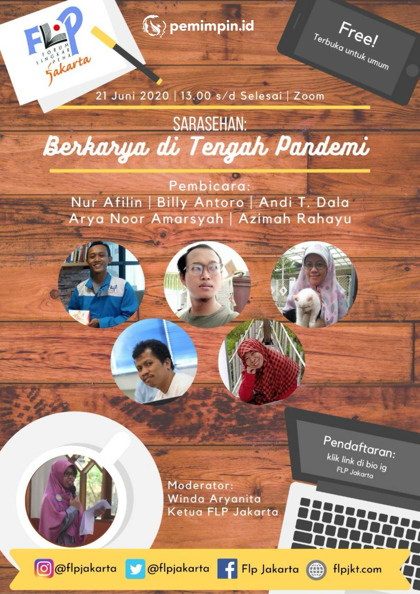 !!! TERBUKA UNTUK UMUM!!!

Sarasehan Online FLP Jakarta: Berkarya di Tengah Pandemi

Kapan??? 
Ahad, 21 Juni 2020 | Zoom

Buat warga twitter yang mau join bisa langsung DM mimin aja yaaa~~~

<a href="/FLPJaya/">FLP JAYA</a> <a href="/FLPoke/">Forum Lingkar Pena</a>