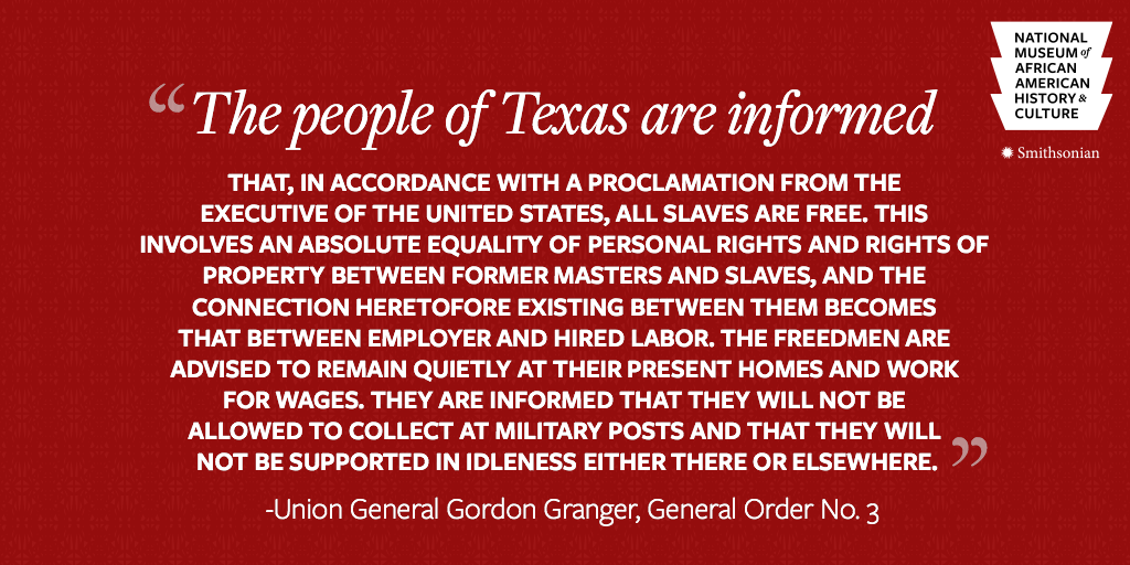 Not until Union General Gordon Granger arrived in Galveston, TX with 2,000 soldiers on June 19, 1865, did enslaved African Americans learn about their emancipation. How do you and your community commemorate  #Juneteenth  ?  #APeoplesJourney  #ANationsStory