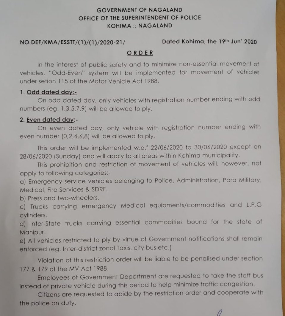 KohimaPolice's tweet photo. 'Odd-Even' is here in Kohima.
Please check the last digit of your vehicle number according to the date of the day before moving out of your house.
The order shall be enforced in Kohima Municipal area from 22/06/2020 onwards.
@DGP_Nagaland @MyGovNagaland https://t.co/ortHUEaFDE