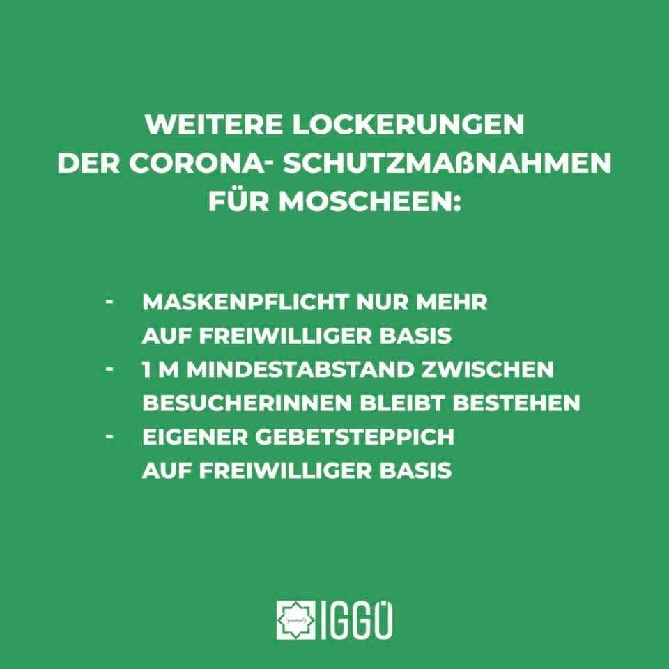 Bilgilendirme:
• Maske takma zorunluğu kaldırılmıştır. İsteyenler takabilir.
• 1 metrelik sosyal mesafe kuralı devam etmektedir.
• Seccade getirme zorunluluğu kaldırılmıştır. İsteyenler getirebilir.
