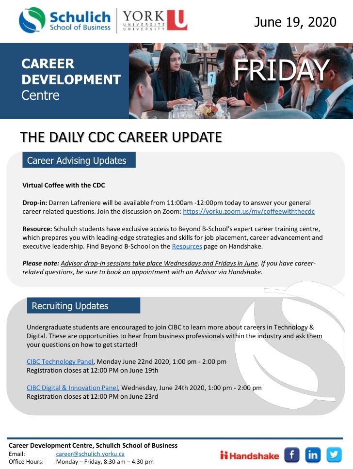 SchulichCdc's tweet photo. The Daily CDC Career Update: Links in today’s letter -

Drop-in Zoom: https://t.co/lqfBou8SMQ

Advising resource: https://t.co/vks0nsfbyN

Recruiting update: #CIBC Technology Panel https://t.co/9IPVkzN8vK, #CIBC Digital &amp; Innovation Panel https://t.co/MWe5HgoPlm https://t.co/SJ7P4fDWCg