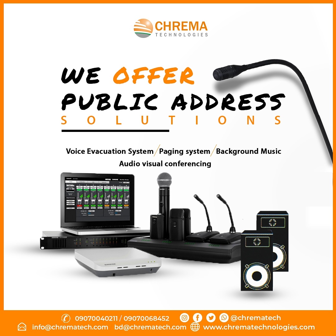 Chrematech1's tweet photo. Oh you didn't know?
Chrematech also provides the Public Address Solution which aids effective crowd control, enhances security and efficient dissemination of information.
Contact us now through the numbers or mails on the picture.
#chrematech #publicaddresssystems #PA https://t.co/F95GAoCPfq