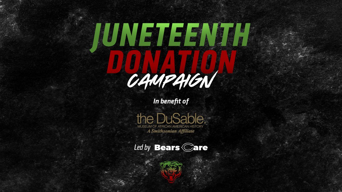 Chicago Bears (@chicagobears) on Twitter photo 1900 RTs = a $19,000 donation to the <a href="/DuSableMuseum/">DuSable Black History Museum and Education Center</a> of African American History.
In honor of #Juneteenth, help us promote a better understanding and appreciation of the achievements, contributions and experiences of the Black community.
Learn more: dusablemuseum.org 1900 RTs = a $19,000 donation to the <a href="/DuSableMuseum/">DuSable Black History Museum and Education Center</a> of African American History.
In honor of #Juneteenth, help us promote a better understanding and appreciation of the achievements, contributions and experiences of the Black community.
Learn more: dusablemuseum.org