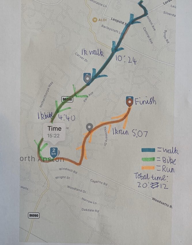 DCSCHPE's tweet photo. Lots of triathlon challenge entries coming in today.
Robbie G also put lots of thought into planning his route. He timed each individual section. His overall time for 3km (walk, bike, run) was 20mins 12 seconds - fantastic!
#TeamDinno #TriathlonChallenge #DoItForDanson https://t.co/xqjeK4f7KG