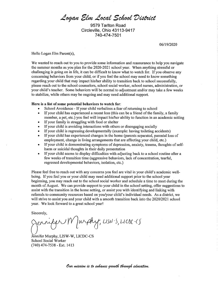 Our School Social Worker offers some information for parents regarding their students' social-emotional needs as we make plans to return to school in August. You may also visit the School Social Worker webpage at loganelm.org/SchoolSocialWo… to view other resources.