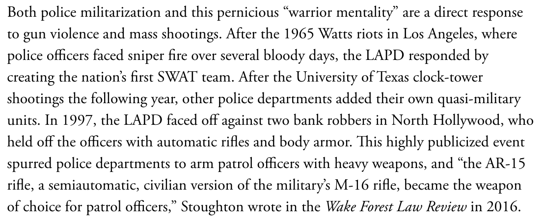 What's more, much of the history of police militarization and the rise of the warrior cop in the U.S. can be traced back to a series of mass shootings in the last 60 years which urged—or, one could argue, simply permitted—police units to demand more quasi-military equipment.