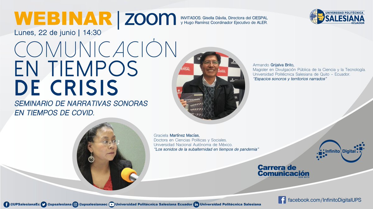 InDi_UPS's tweet photo. Te invitamos a participar en el #Seminario de #NarrativasSonoras en tiempos de #Covid19, que se realizará 22, 24 y 26 de junio del 2020 desde las 14h30, el mismo que contará con panelistas de México, Argentina, Ecuador y Brasil.

#Jorcom3
#UPSConectada https://t.co/DPIvouvDJn