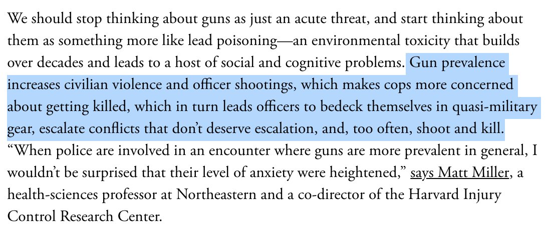 In the biggest picture, gun prevalence isn't just an acute threat. It's more like lead poisoning: an accumulating, environmental toxin that makes everyone—the kind, the horrible, the racist, the conscientious—sick with safety-anxiety and quick to solve it with a weapon.