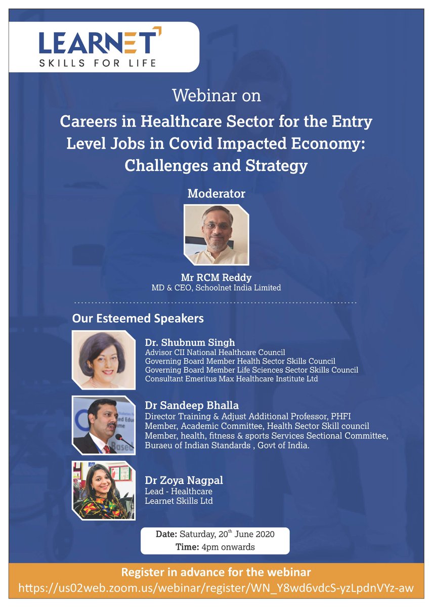 Join us for an interactive session with the #Healthcare experts focusing on careers in #COVID Impacted Economy.

Saturday, 20th June, from 4 pm onwards.

Register in advance for the webinar today -
lnkd.in/ezdDfYm

#webinarseries #education #skills #careers #Training