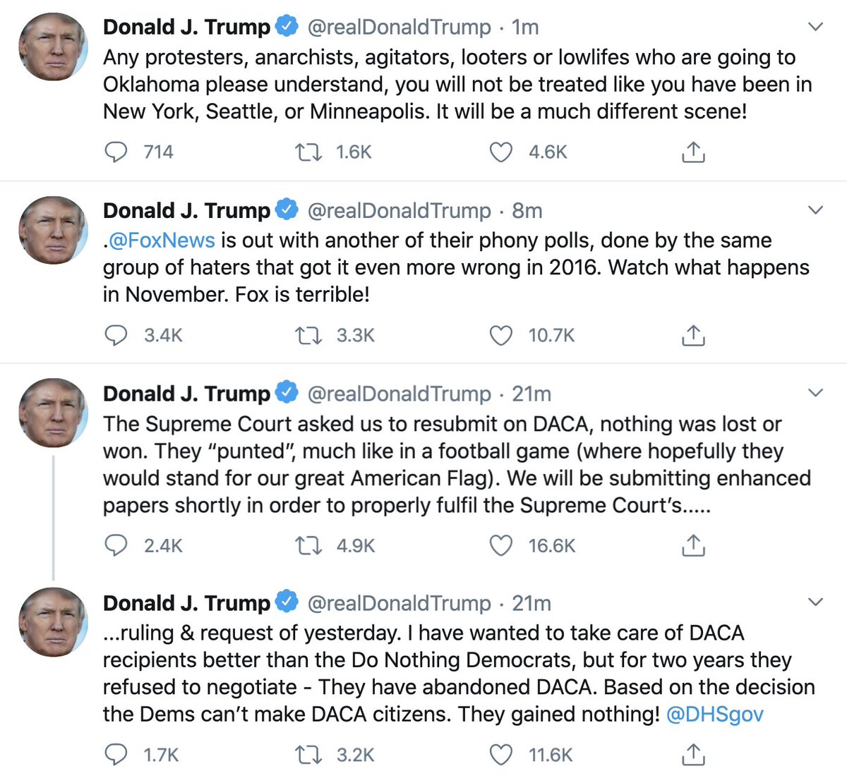 Screenshot of the president's twitter feed, featuring his last four tweets.