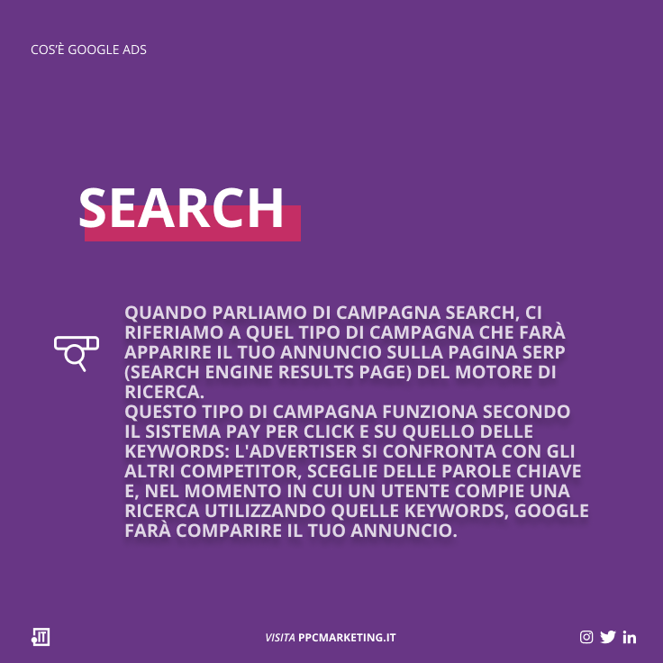 Ci sono 4 tipi di campagne Google Ads:
1. Search
2. Display
3. Shopping
4. Video

I diversi tipi di campagna di marketing determinano dove l'utente troverà i tuoi annunci.

#ppcmarketing #googleitalia #searchmarketing #paidsearch #googleads