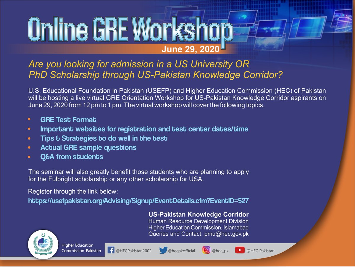 hecpkofficial's tweet photo. *** Online GRE Workshop ***

June 29, 2020 (12 pm to 1 pm)

For registration, please visit https://t.co/ZG54AigHQ6 https://t.co/UGDYt9UKlg