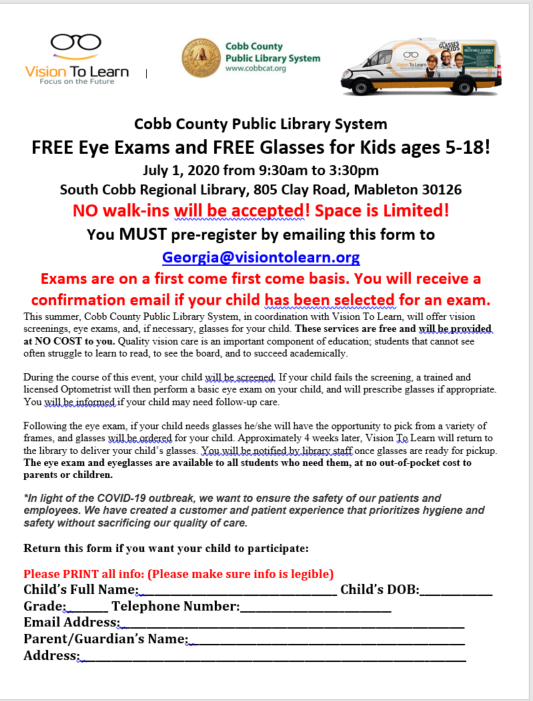 sw_cobb's tweet photo. Vision To Learn has scheduled 13 dates of mobile clinic visits at Cobb County Public Libraries.  Vision To Learn appointments for free eye exams and free eyeglasses.  https://t.co/Ju5bmxeVvz include links to the pre-registration forms: https://t.co/6CAKa9YqLB

. https://t.co/0UmOYWybwu