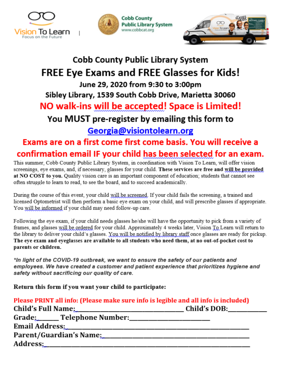 sw_cobb's tweet photo. Vision To Learn has scheduled 13 dates of mobile clinic visits at Cobb County Public Libraries.  Vision To Learn appointments for free eye exams and free eyeglasses.  https://t.co/Ju5bmxeVvz include links to the pre-registration forms: https://t.co/6CAKa9YqLB

. https://t.co/0UmOYWybwu